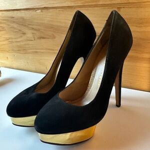 Charlotte Olympia Black and Gold Heels fits like an 8.5
